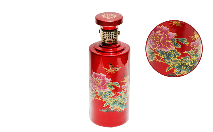 红色婚庆玻璃白酒瓶500ml喜酒瓶喷釉玻璃喜结良缘酒瓶可