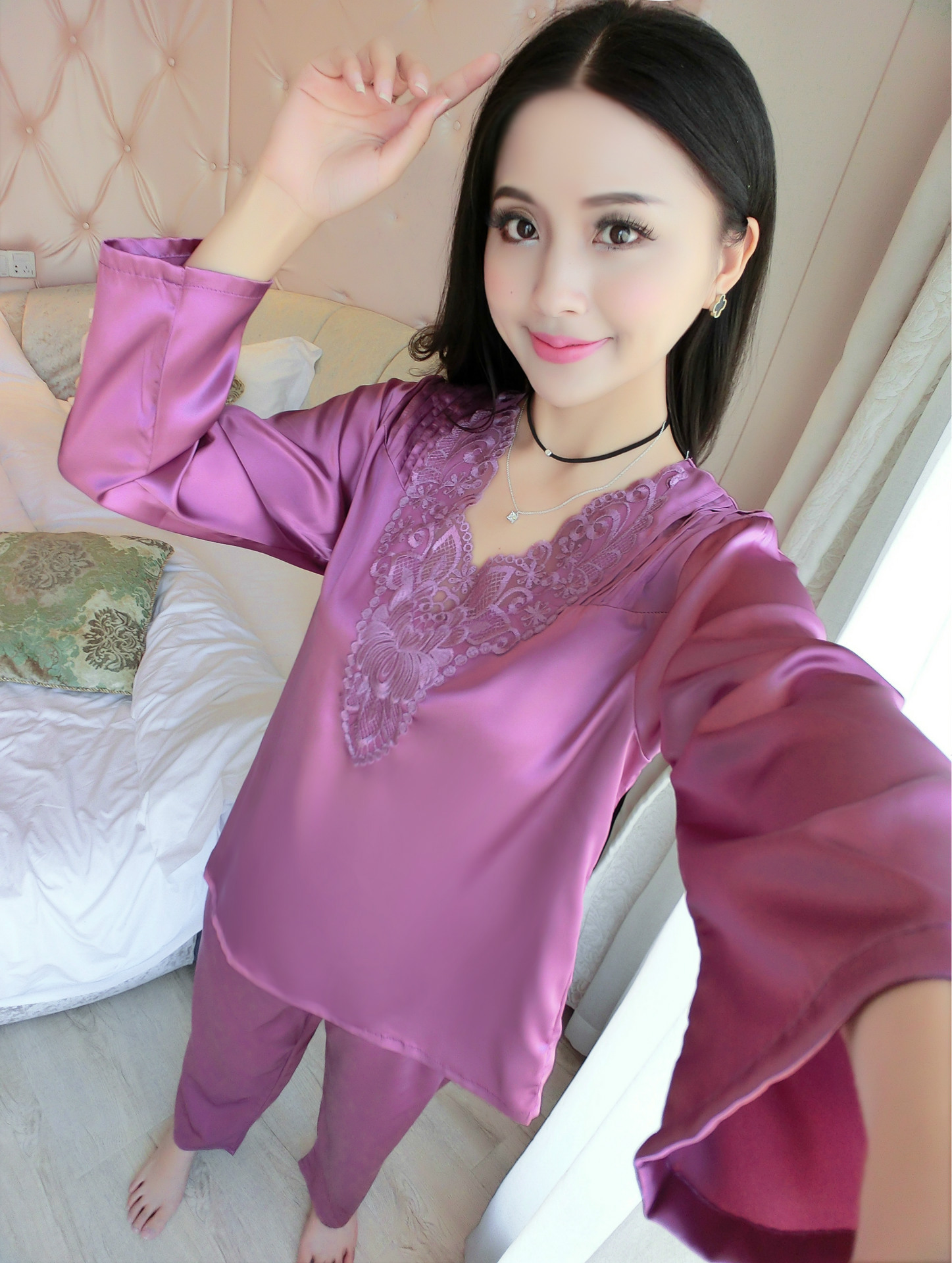 厂家批发夏季空调房仿真丝女式睡衣套装蕾丝花边长袖长裤睡衣