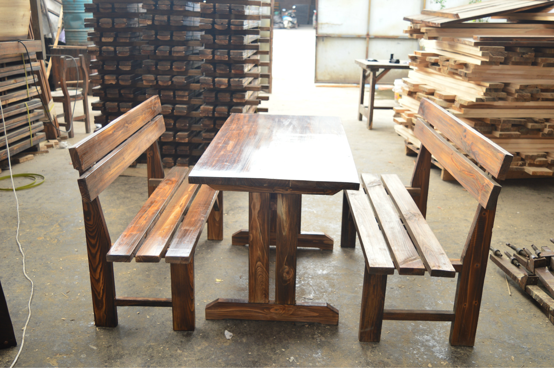 厂家直销实木 条形长椅长桌套装 实木条形长椅 实木长桌 定制批发