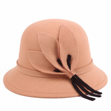秋冬季女士盆帽 呢子礼帽带花装饰韩版时装帽冬季女帽妈妈奶奶帽