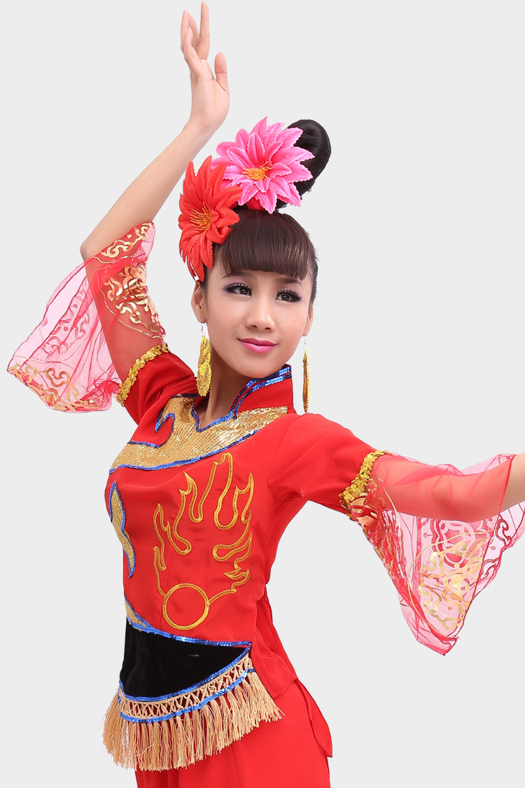 天魅中老年民族秧歌腰鼓广场舞扇子舞蹈舞台表演演出服装成年女