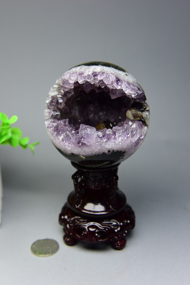 天然开口笑原石 玛瑙紫晶洞摆件 玛瑙球紫晶洞 风水摆件