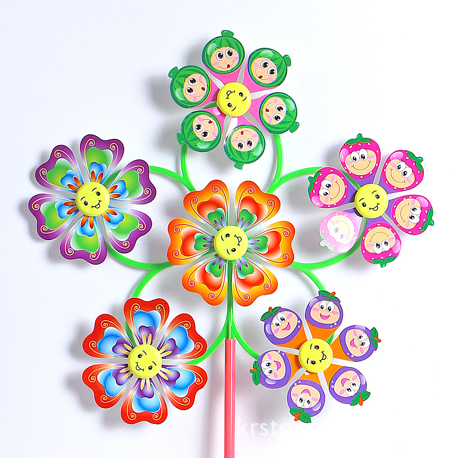 儿童笑脸传统大风车玩具卡通图案5加1风车