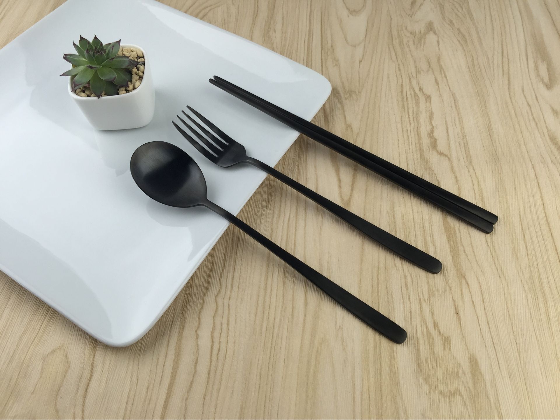 韩式304实心不锈钢筷子 砂光镀金扁筷勺叉子不锈钢餐具便携套装