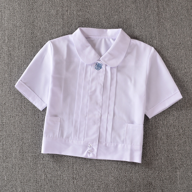 现货 日本学生制服 圆领 刺绣风琴褶平袖 棉质短款刺绣短袖衬衫