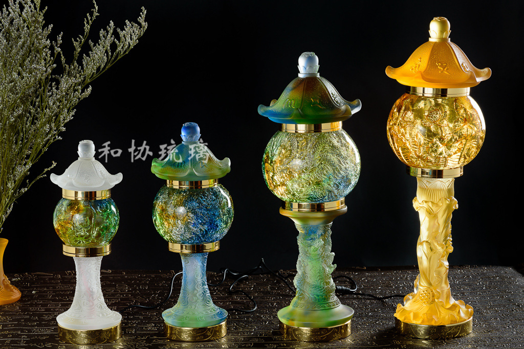 厂家新开发16寸浮雕荷花龙柱宫灯纯琉璃 琉璃led莲花灯 琉璃佛具