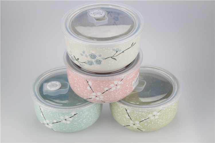 紫宸陶瓷大号深桶保鲜碗c024和风细雨混色批发雪花瓷保鲜碗饭盒