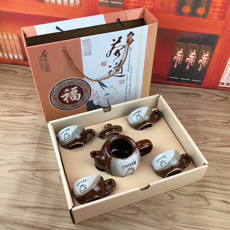 Five-Pointed Star Ceramic Tea Set 4 Cups 1 Pot Small Gift Kung Fu Tea Set Gift Set Gift Logo