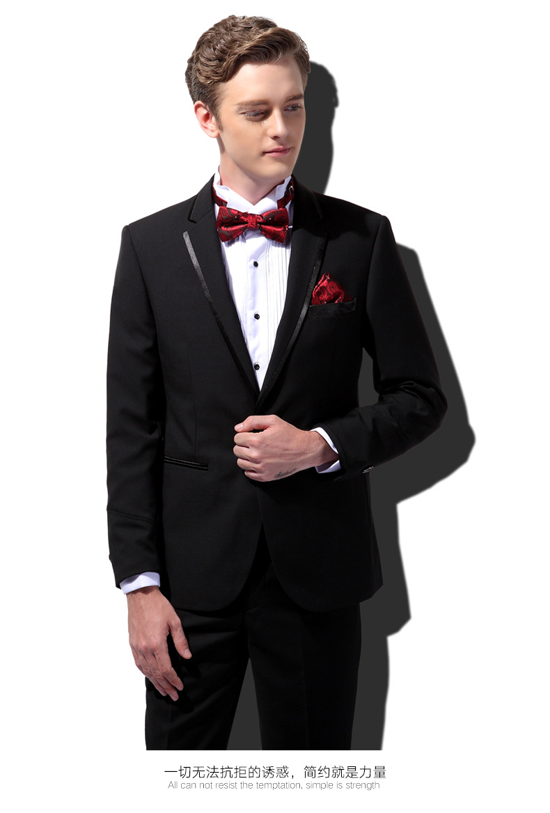 2016【屈臣保罗】男士婚宴礼服西服套装黑色一扣绸缎边结婚.