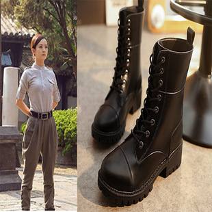 欧洲站2016冬季新款弹力布拼接平底长靴