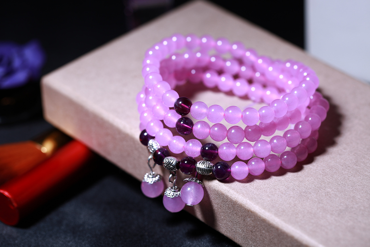 原创 水晶粉紫玉髓手链 白珍珠配925银-手饰