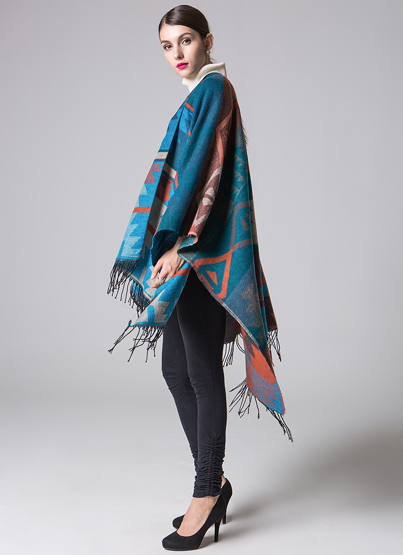 印第安几何菱形加长加厚仿羊绒wish爆款民族风旅行开叉披肩斗篷