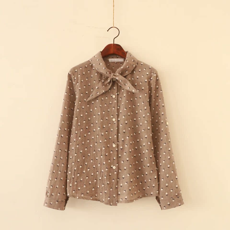 批发供应 新品 甜美风 打结领装饰棉麻混纺女式衬衫 a69l77