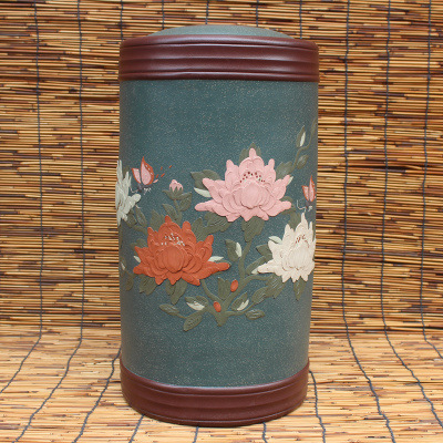 大号紫砂茶叶罐16-18茶饼装手工堆花普洱茶缸宜兴正品批发茶叶桶