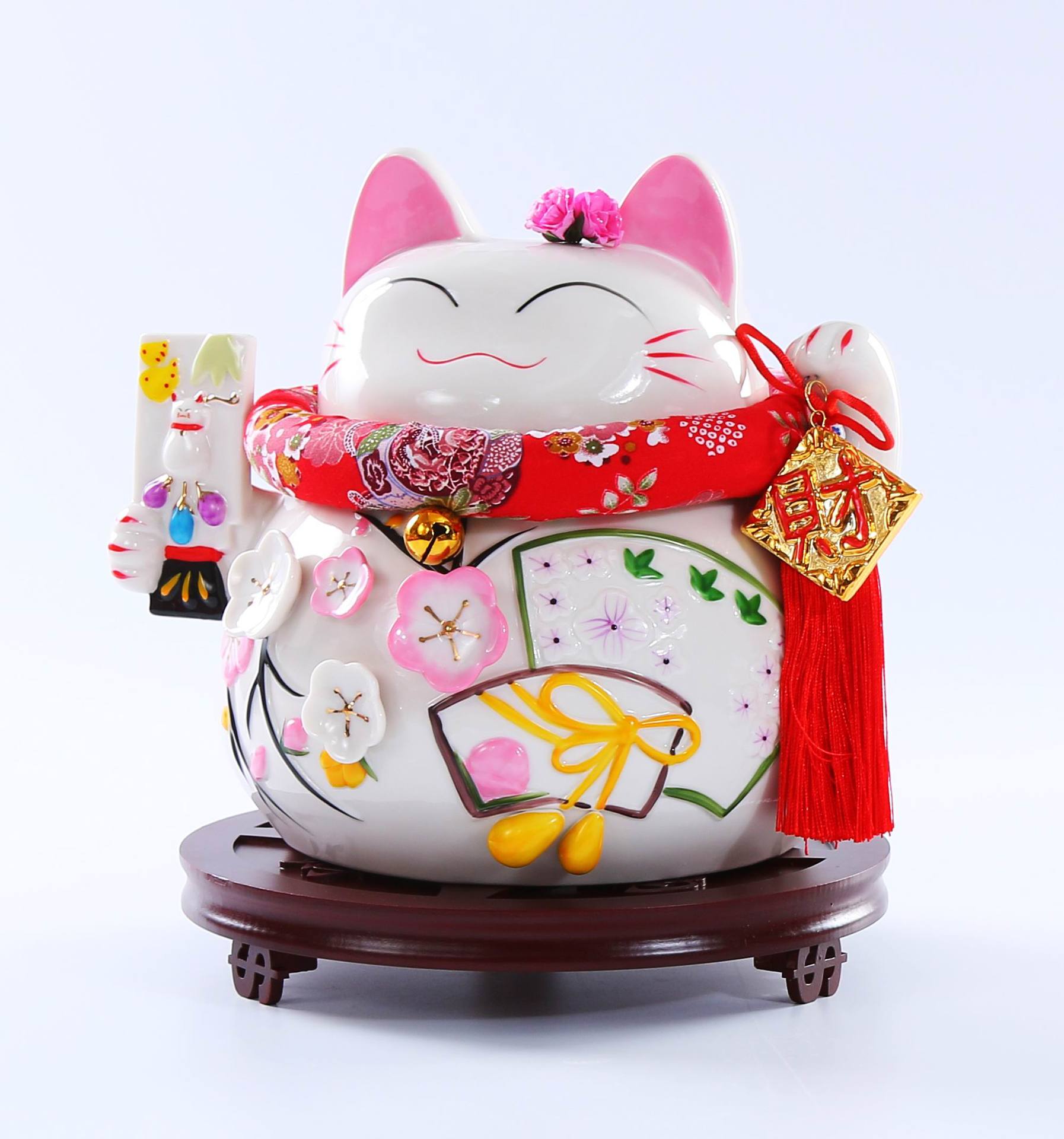 万亿堂中国风陶瓷招财猫11寸琵琶花季开业礼品家居摆件