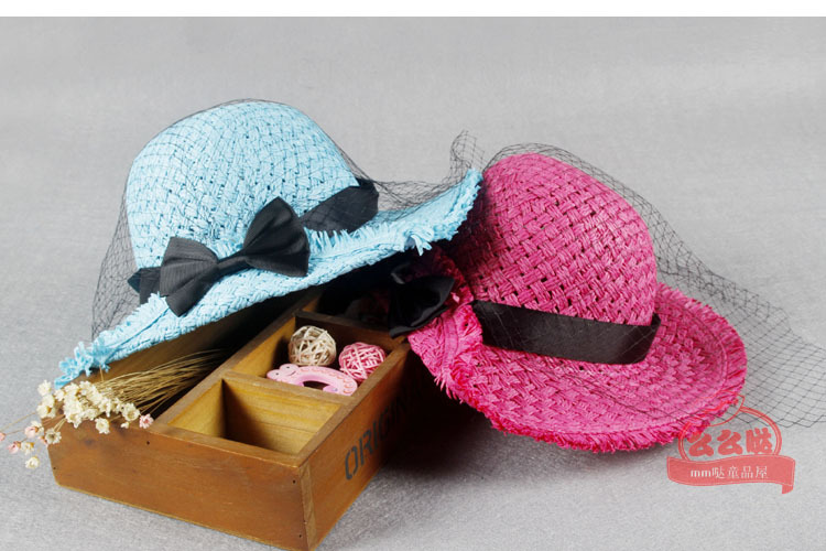 夏季新款草帽儿童帽子宝宝纸草网纱遮阳帽女孩手工蝴蝶结草帽潮帽