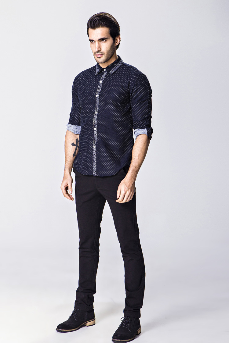 2018欧美风男士休闲斑点花边印花长袖衬衫