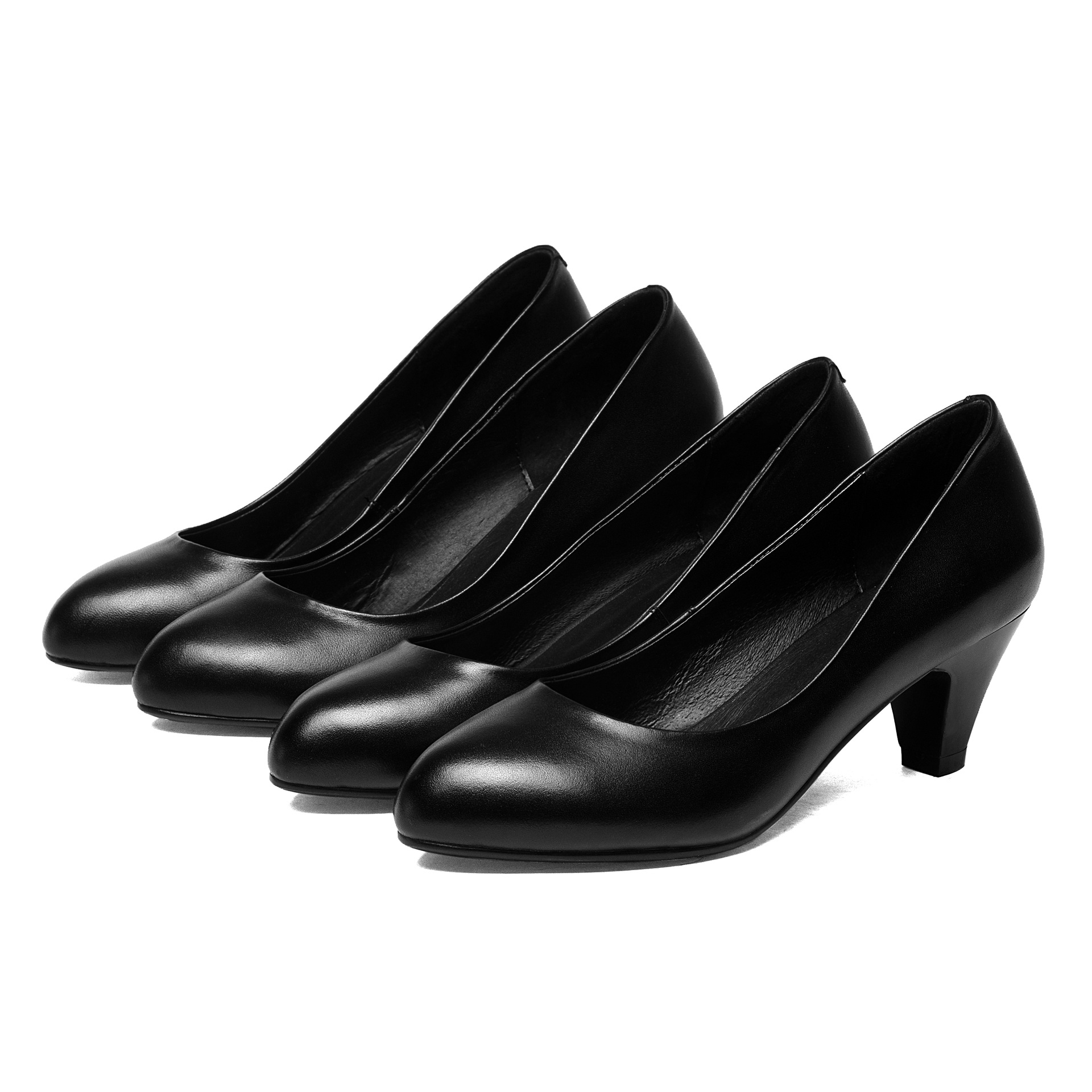 工作鞋粗跟中跟 font color=red>浅口 /font>圆头黑色头层牛皮真皮