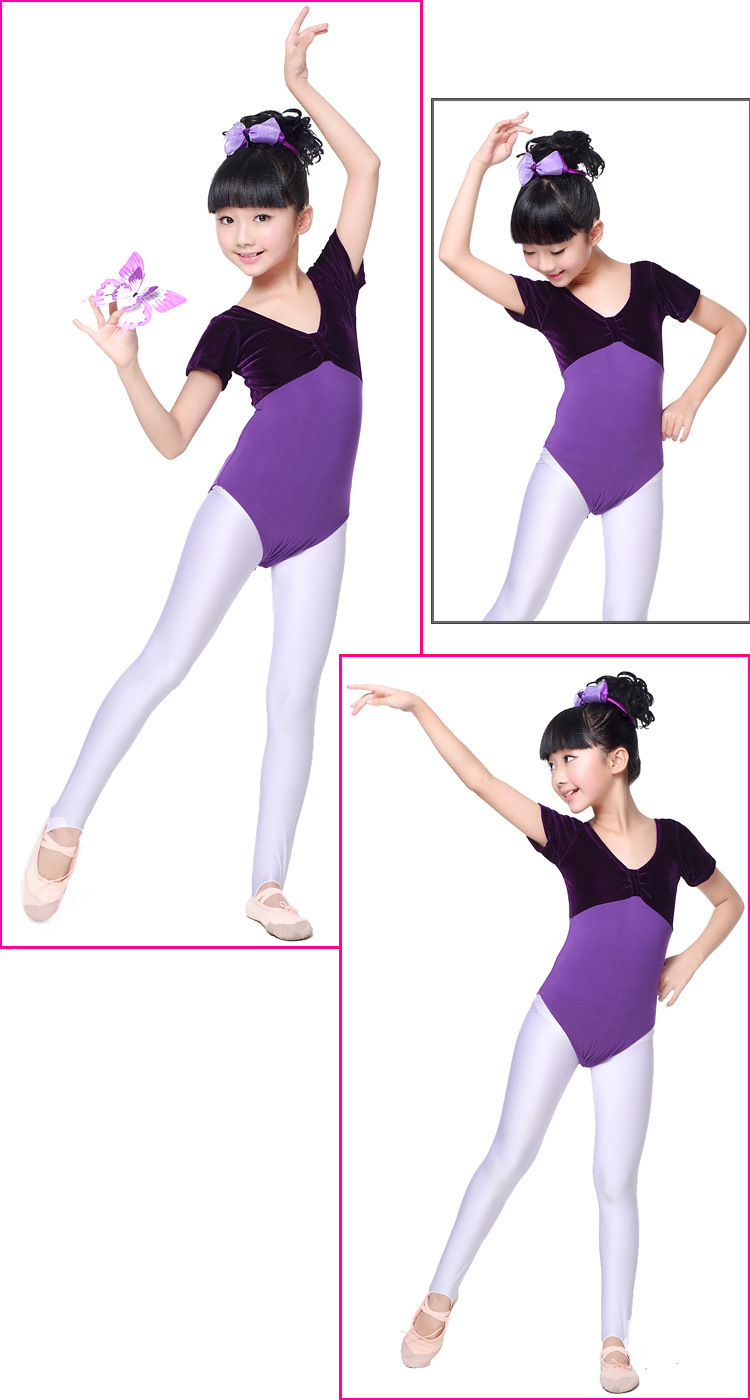 厂家批发儿童舞蹈服装春夏季金丝绒棉拼接练功服女童芭蕾舞连体衣
