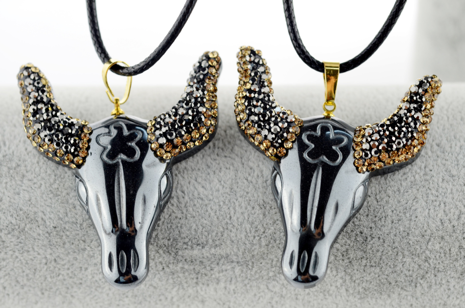 天然黑胆牛头吊坠 点钻牛头 牛角 项链 欧美时尚饰品