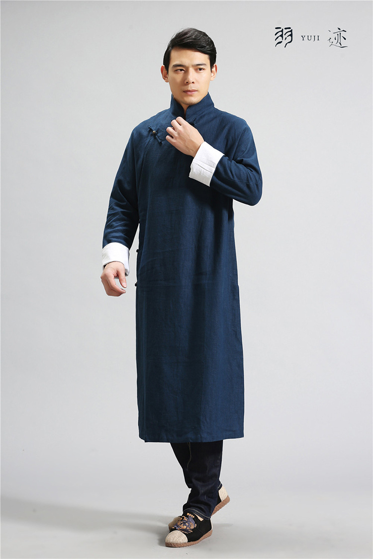 中国风男装民国风麻长袍立领复古唐装宽松长衫演出相声大褂伴郎服