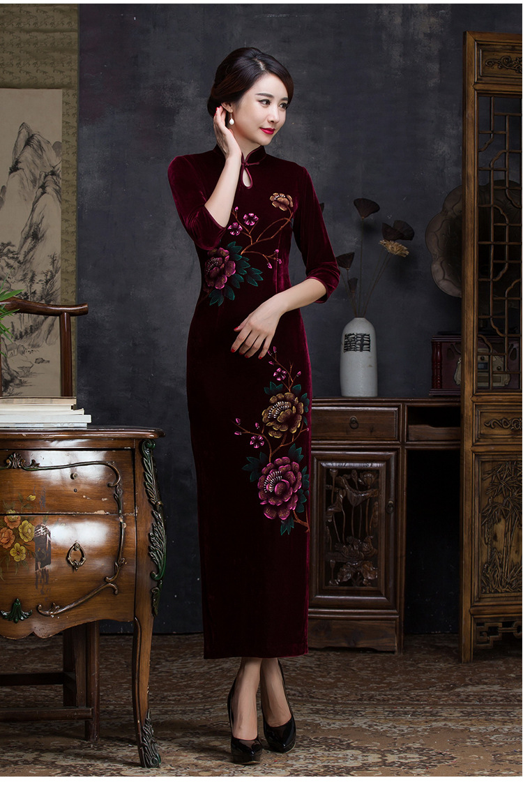 秋冬新品女装复古改良旗袍裙中国风金丝绒手绘修身长款旗袍七分女