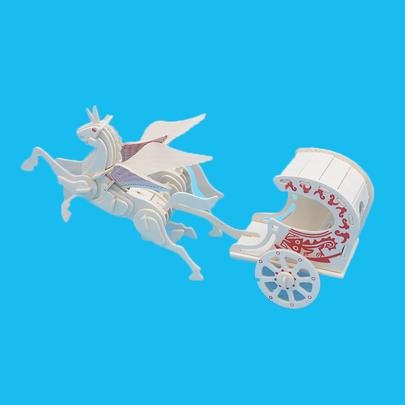 2018淘宝爆款儿童木质玩具diy积木飞马拉车交通3d立体拼图批发