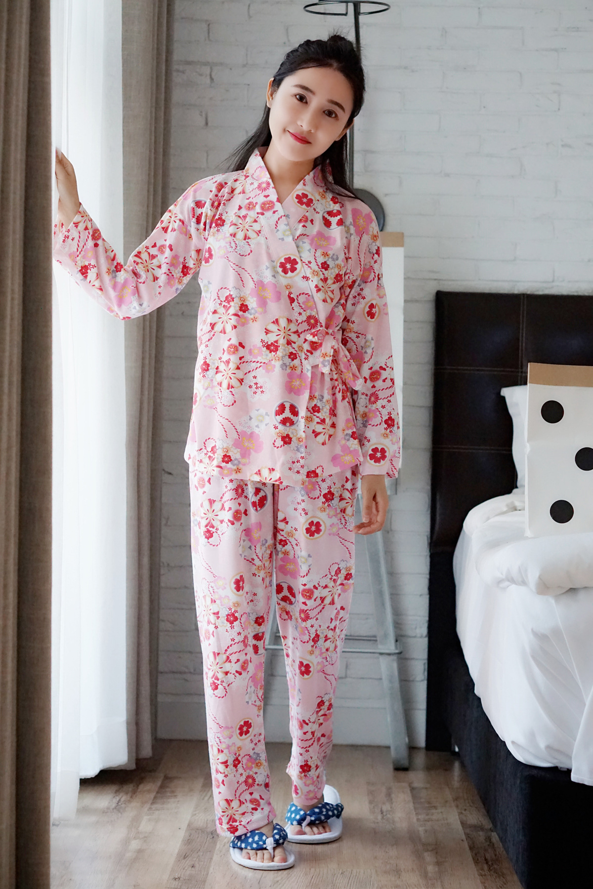 秋季和服日系睡衣 甜美樱花套装 针织棉少女家居服 斜襟绑带套装