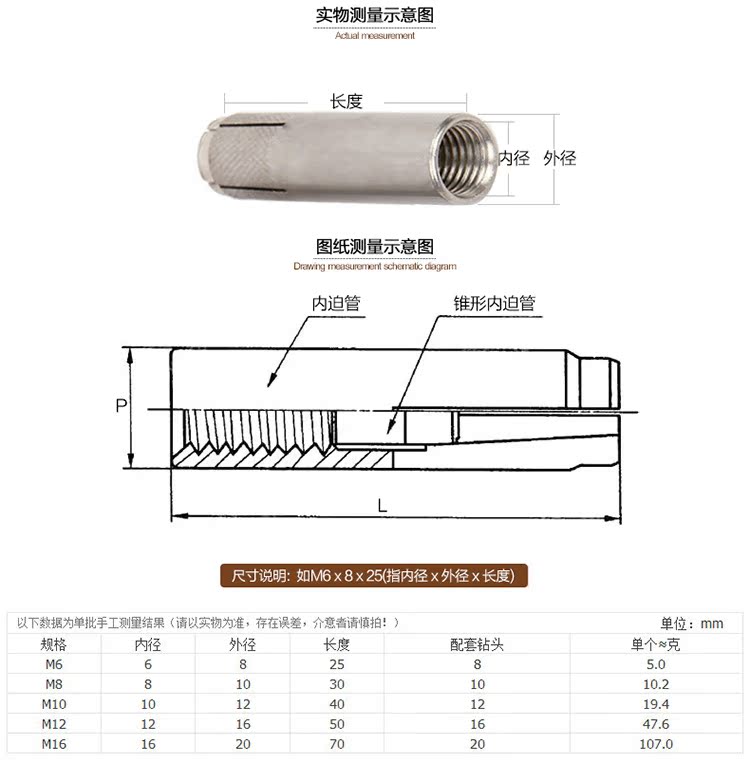 304不锈钢吊顶爆内螺纹膨胀管螺丝内迫壁虎平拉爆锚栓m6m8m10m12