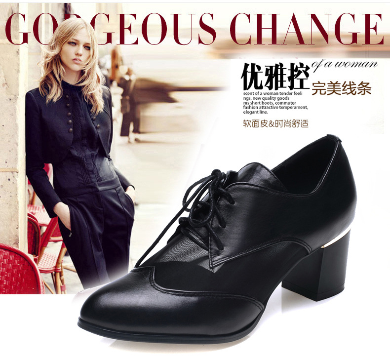 悦丽娜2016春季新款英伦休闲女鞋尖头系带高跟鞋网纱粗跟工作单鞋