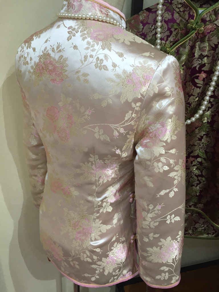高端定制提花粉色绸缎年会礼服淑婉粉色时尚改良旗袍小袄