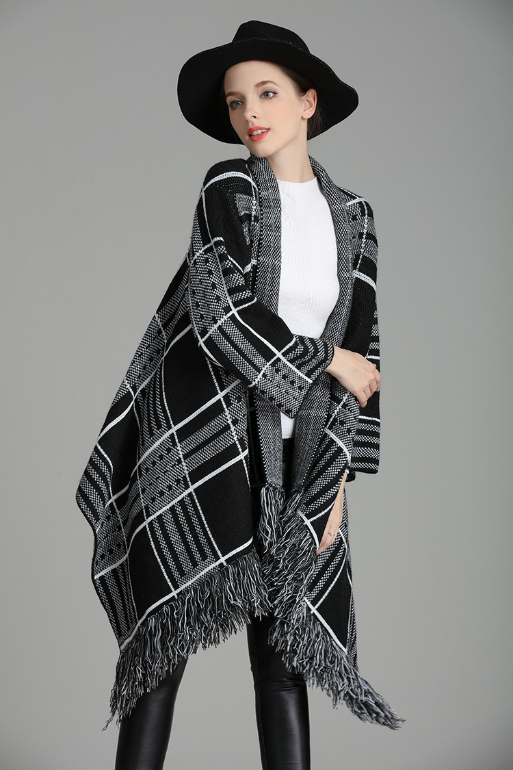 2016欧美秋冬大码新款高档格子流苏披肩