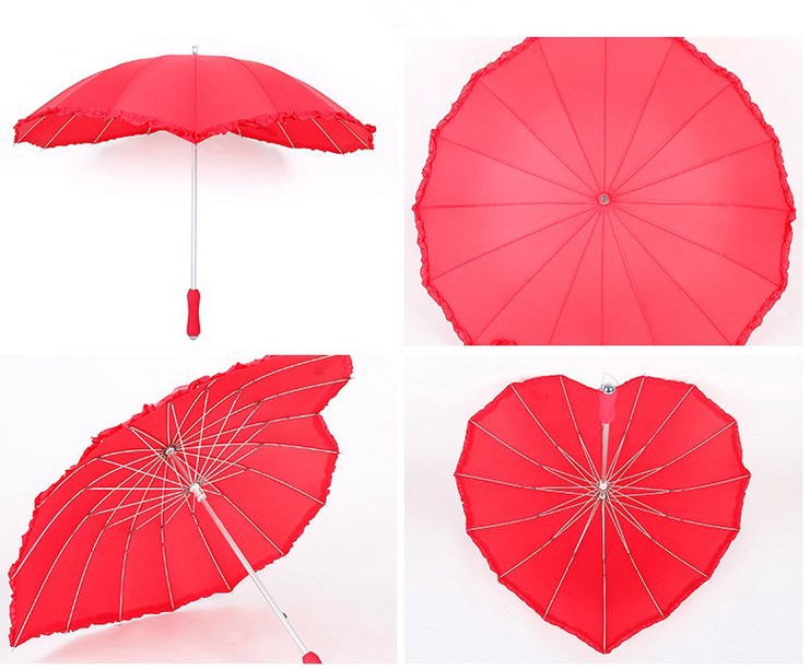 厂家直销16骨防风大红婚庆创意爱心伞 直杆心形伞 结婚桃心伞
