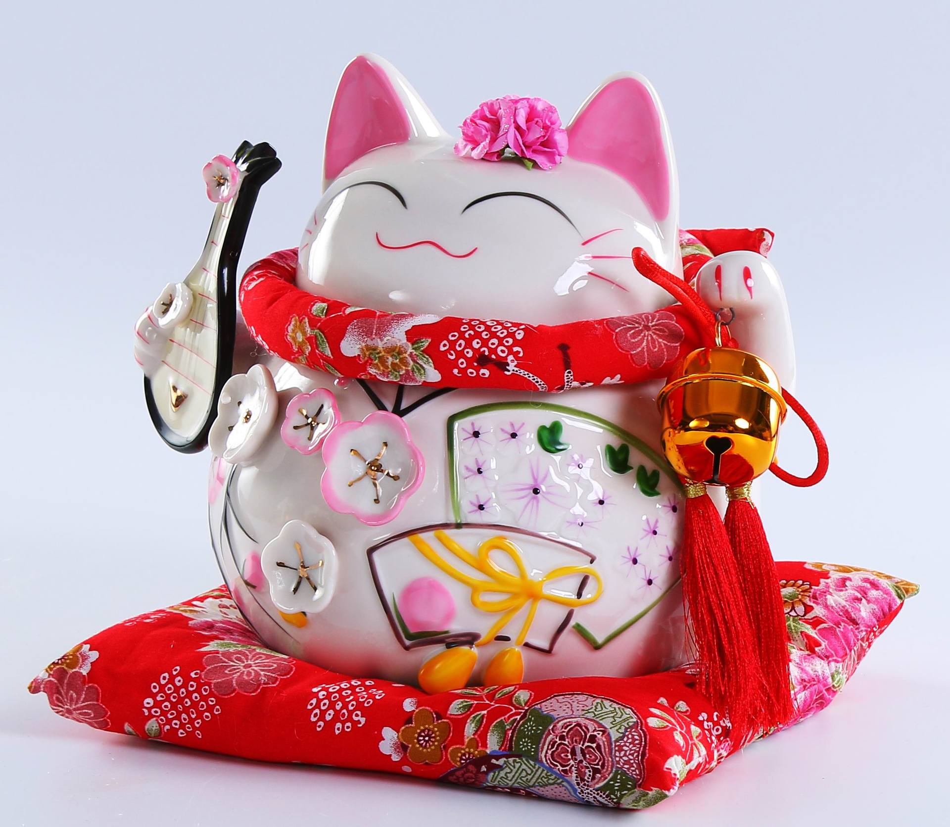 万亿堂中国风陶瓷招财猫存钱8寸琵琶花季开业礼品家居摆件