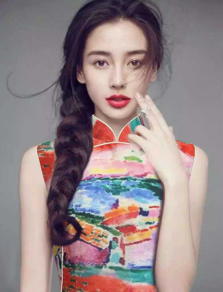 批发2016angelababy杨颖明星同款夕阳印花滚边改良短旗袍连衣裙