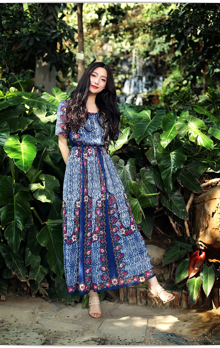 墨忆辰2017春季新款复古宫廷气质优雅连身裙半袖小碎花长裙