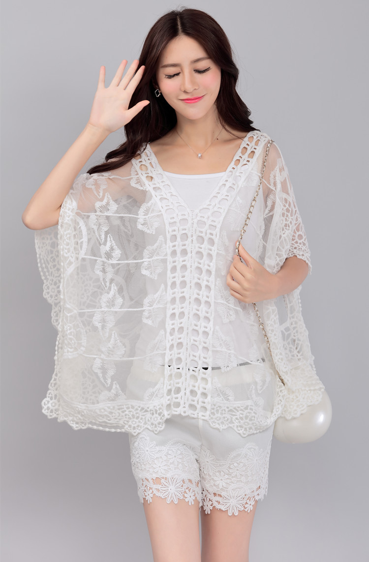 2016纯棉蕾丝勾花镂空罩衫宽松大码薄款中袖中长款套头防晒蕾丝衫