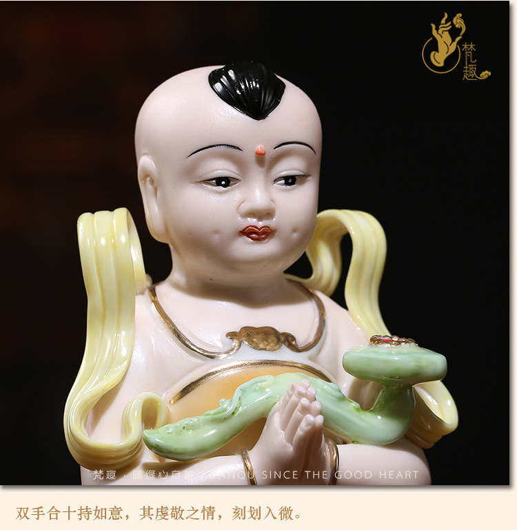 梵趣 陶瓷善财童子龙女观音佛像菩萨摆件供奉对童满彩绘金童玉女