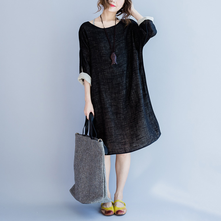 2016秋季新品韩版文艺简约黑底翻边装饰休闲棉麻直筒连衣裙