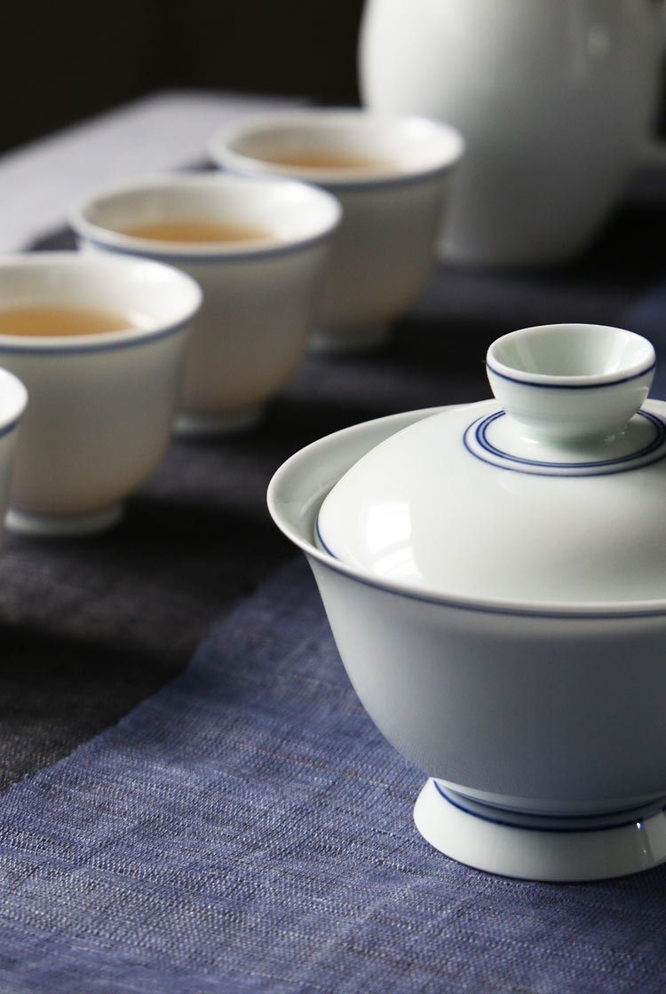 简美 纯手工薄胎复古青花盖碗 功夫茶具盖碗 景德镇泡茶三才盖杯