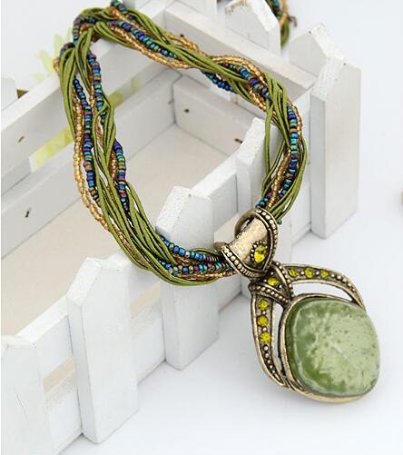 欧美复古纯手工波西米亚项链 复古菱形镶钻地中海迷情米珠项链