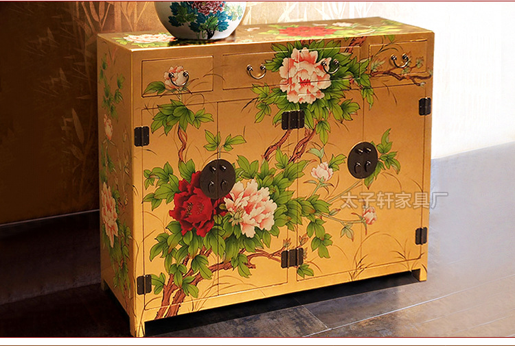 彩绘牡丹花金底鞋柜 花开富贵活动层板可移动玄关柜 鞋柜家具定制