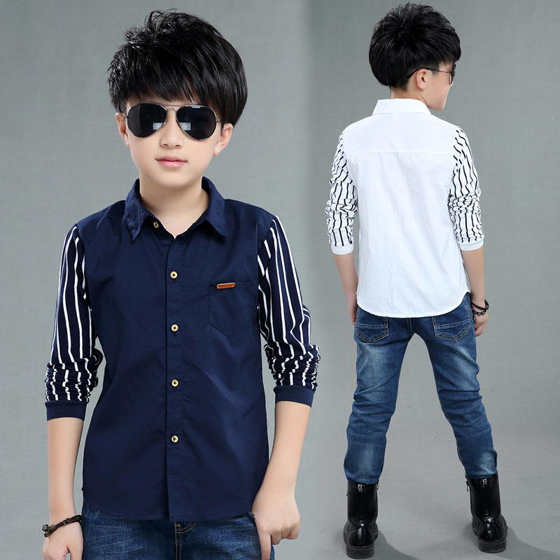 Children's Clothing Boys' Shirt Long Sleeve Autumn Wear 2021 Tide Medium and Big Children Casual Children Striped Autumn Shirt