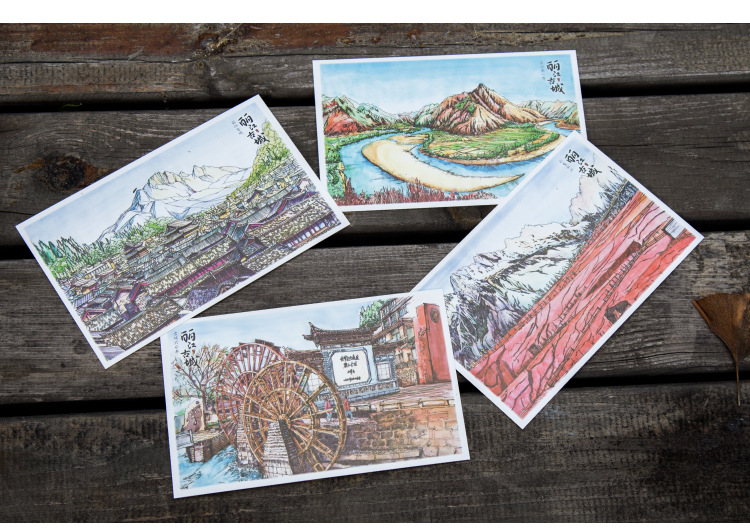 手绘丽江明信片 云南丽江旅游景点风景特色创意明信片 贺卡纪念品