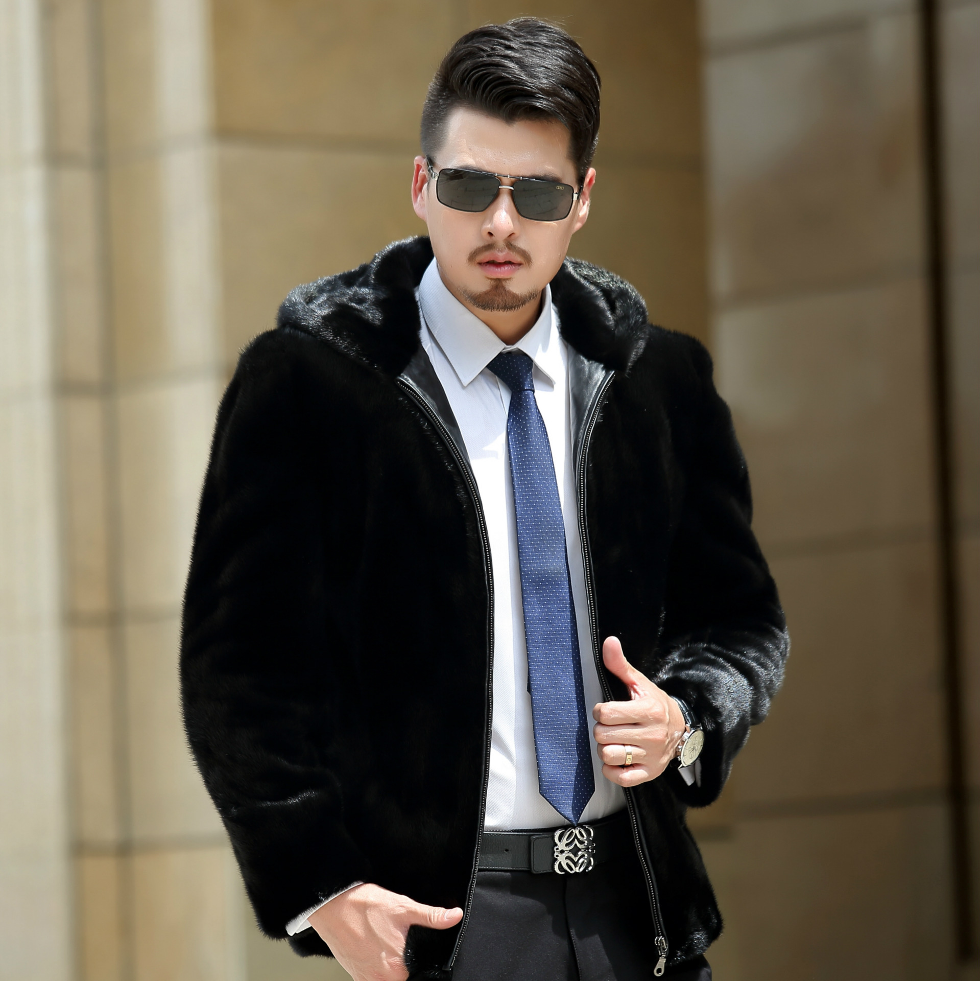 男貂皮大衣整貂男士进口水貂皮草外套连帽保暖裘皮皮草.男