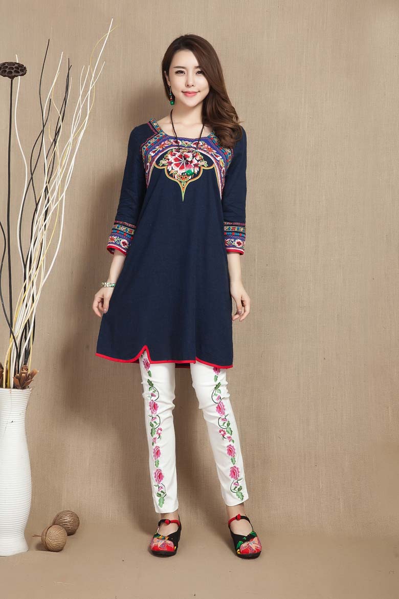 魅力衣绣民族风女装棉麻连衣裙绣花中裙七分袖复古中长款裙云南夏