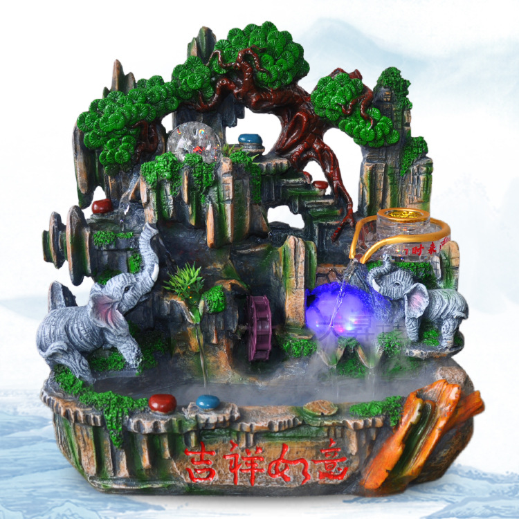 现代假山流水喷泉装饰品摆件高端彩色石磨七彩磨树脂象工艺品厂