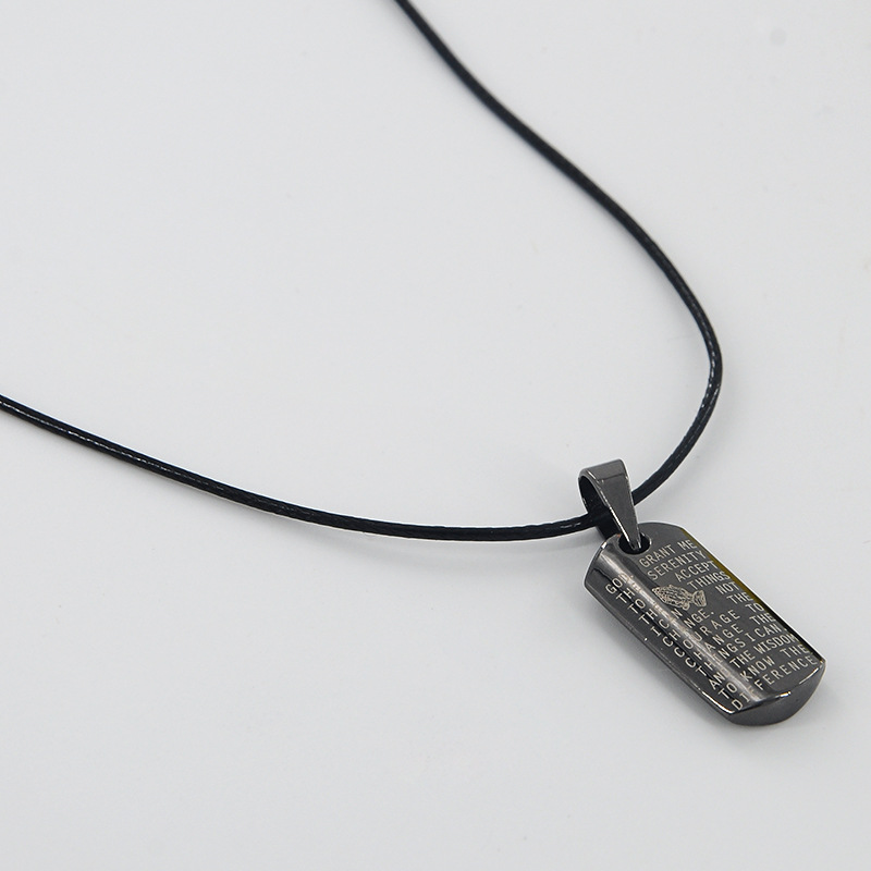 欧美风新款经文吊牌项链个性潮流男女印字黑色皮绳吊坠饰品热卖