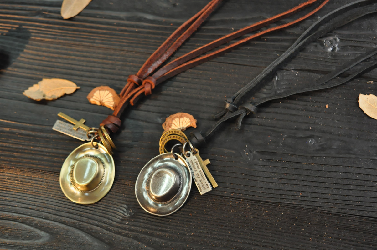 欧美复古美国西部牛仔帽子爵士帽男女情侣牛皮绳长款项链毛衣链