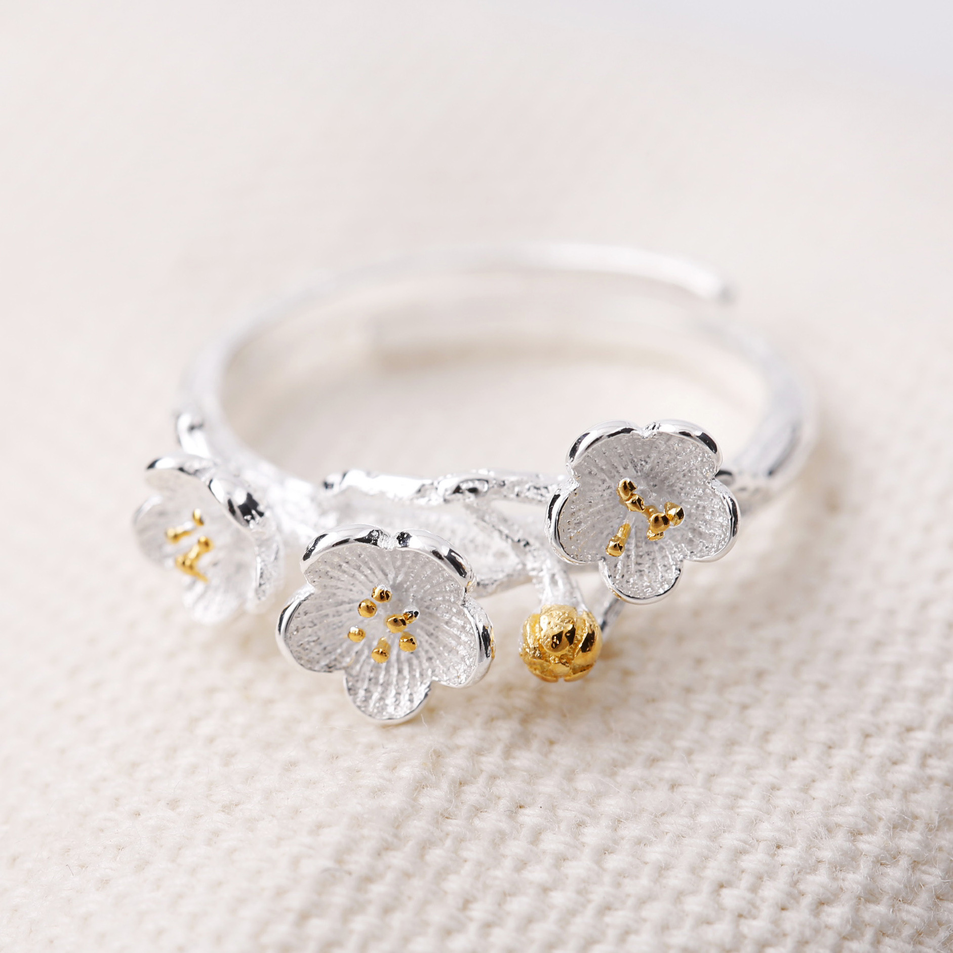 特,925纯银时尚创意款(双色梅花开口戒指)银饰品首饰 批发